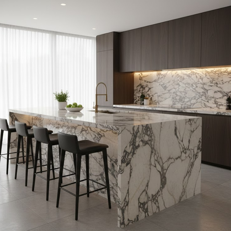 Modern kitchen Fish Belly Purple natural marble island & backsplash, paired with dark wood cabinetry and black bar stools.png
