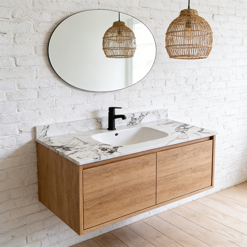 Imperial Green Sintered Stone installed in spa bathroom vanity — completed project reference