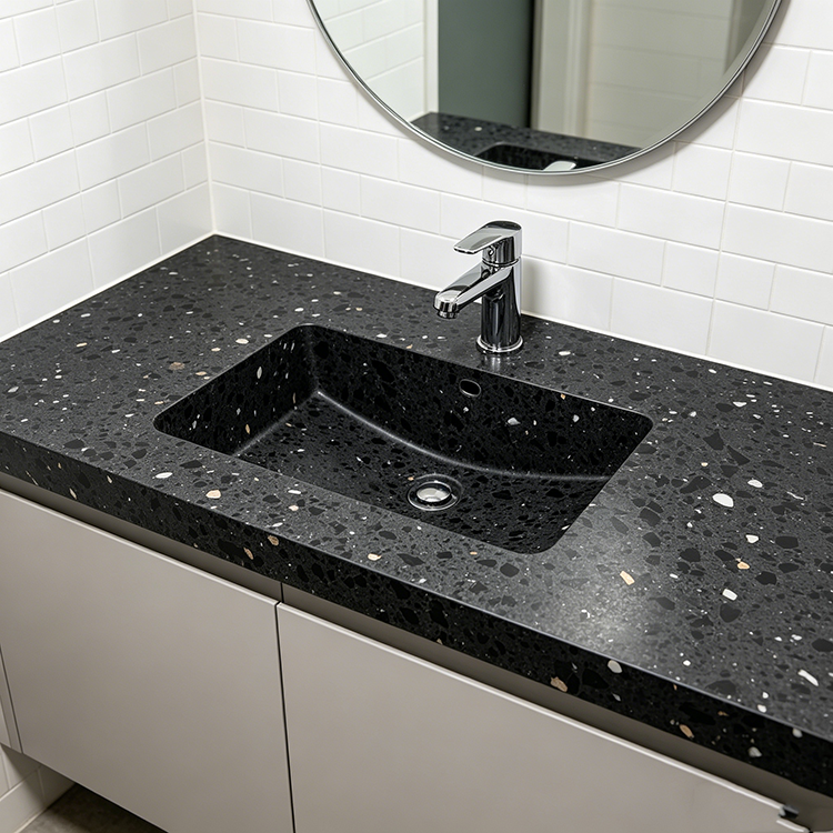 Quartz Calacatta Black Bath — undergoing quality inspection at our China facility