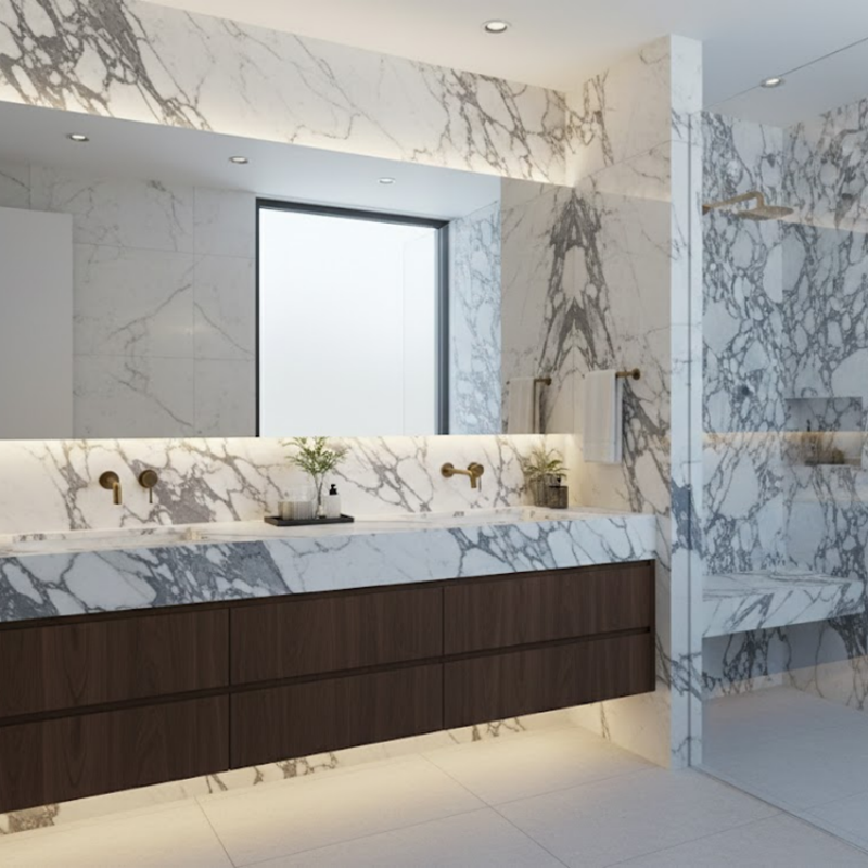 Calacatta Viola Marble installed in spa bathroom vanity — completed project reference