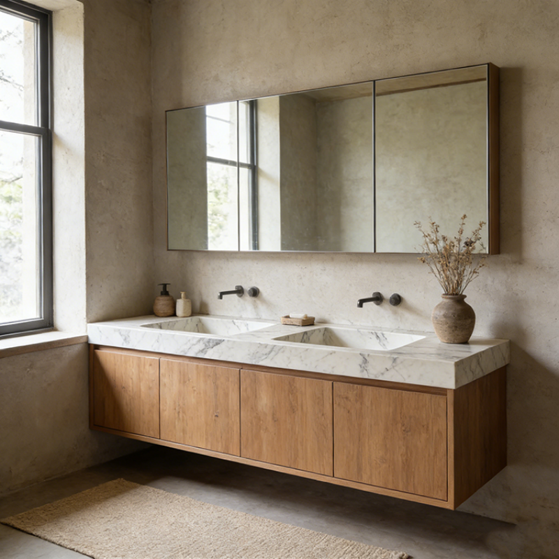 Arabescato White Marble installed in spa bathroom vanity — completed project reference