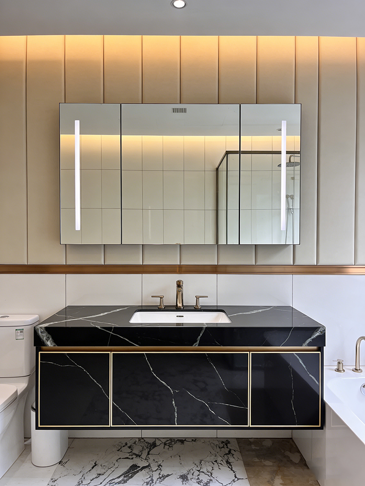 Quartz Elegant Black installed in spa bathroom vanity — completed project reference