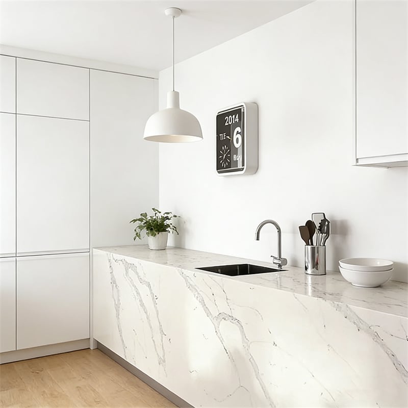 Italian Carrara White Marble installed in modern kitchen — luxury residential project
