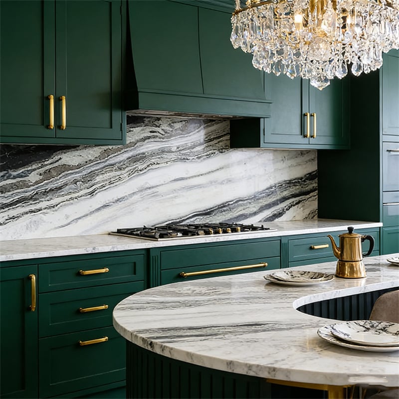 Glacier White Marble Slab installed in luxury villa kitchen island — real project reference from Yuanda Stone