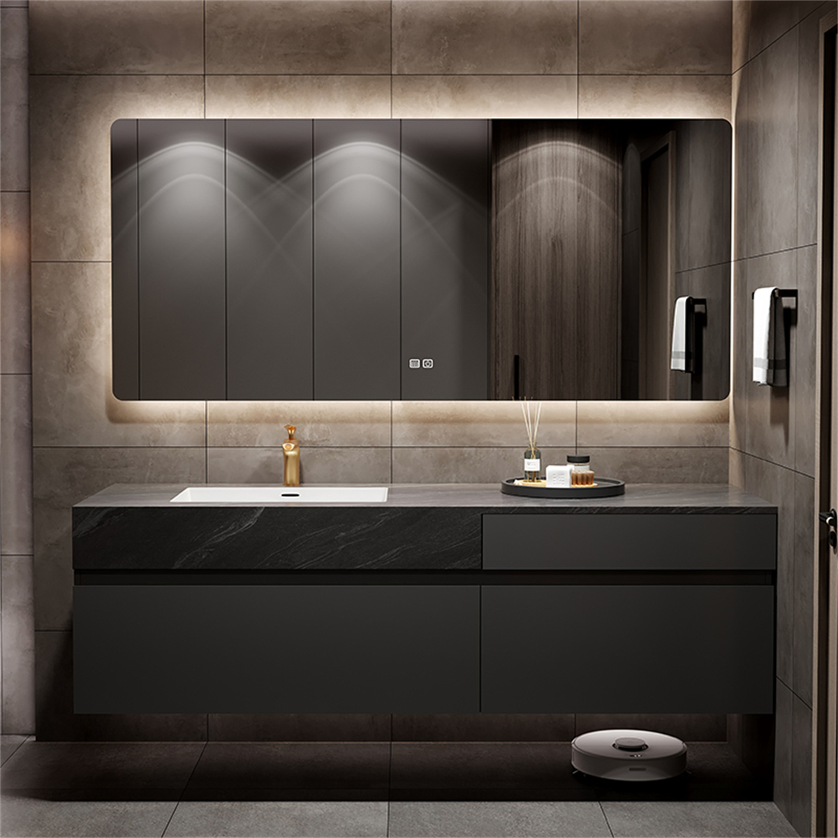Black Veneered Granite applied as kitchen island countertop