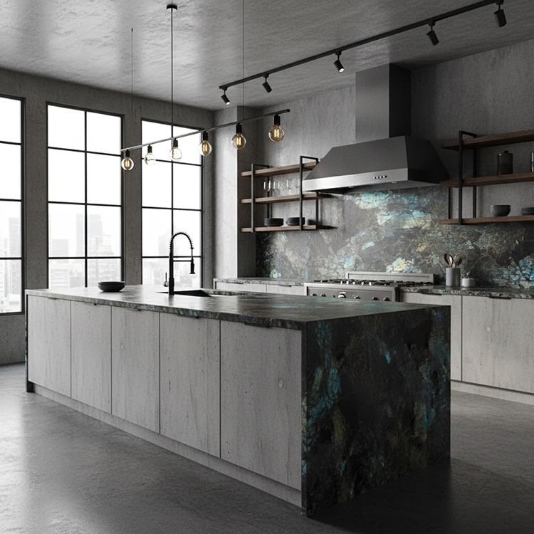Lemurian Labradorite Blue Granite installed in modern kitchen — luxury residential project