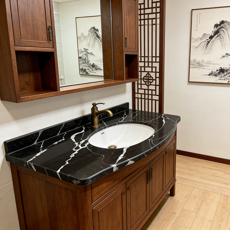 Quartz Calacatta Black installed in spa bathroom vanity — completed project reference