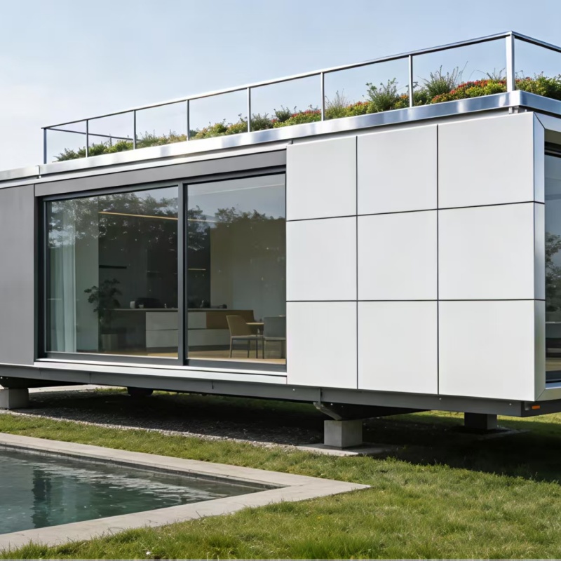 Eco-Friendly Modular Mobile Home - Rooftop Garden Portable Living Space with Modern Glass Layout