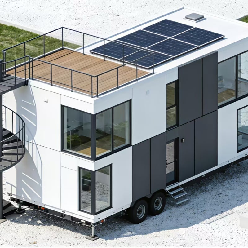 Modular Mobile Tiny Home - Solar-Powered 2-Story Portable Living Space with Rooftop Deck