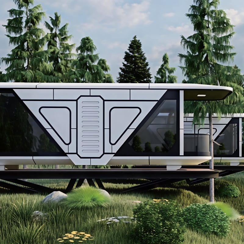 Futuristic Modular Mobile Home - Glass-Roof Portable Living Space with Balcony for Eco Getaways