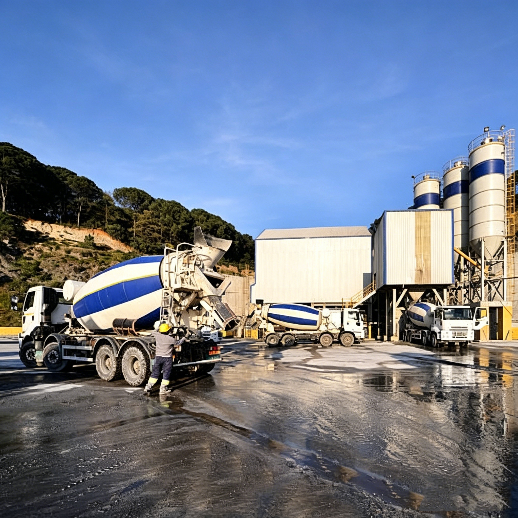 What configuration does a complete ready mix concrete plant contain?