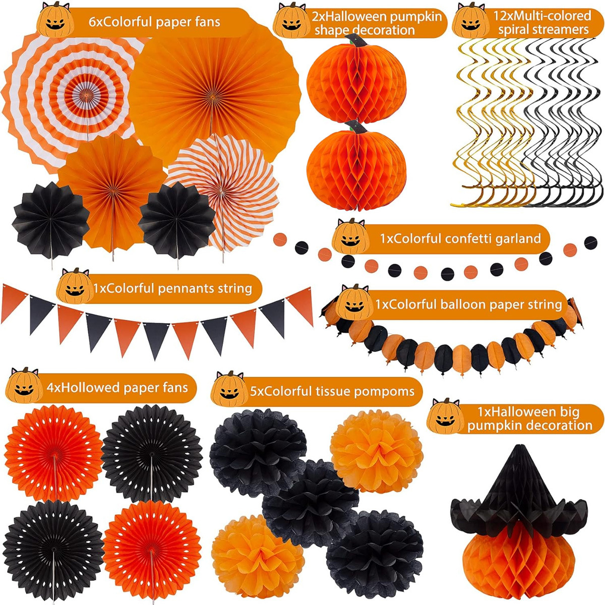 Wholesale Halloween Black & Orange Paper Fan Party Decorations | Hanging & Wall Decor for Retail & Events