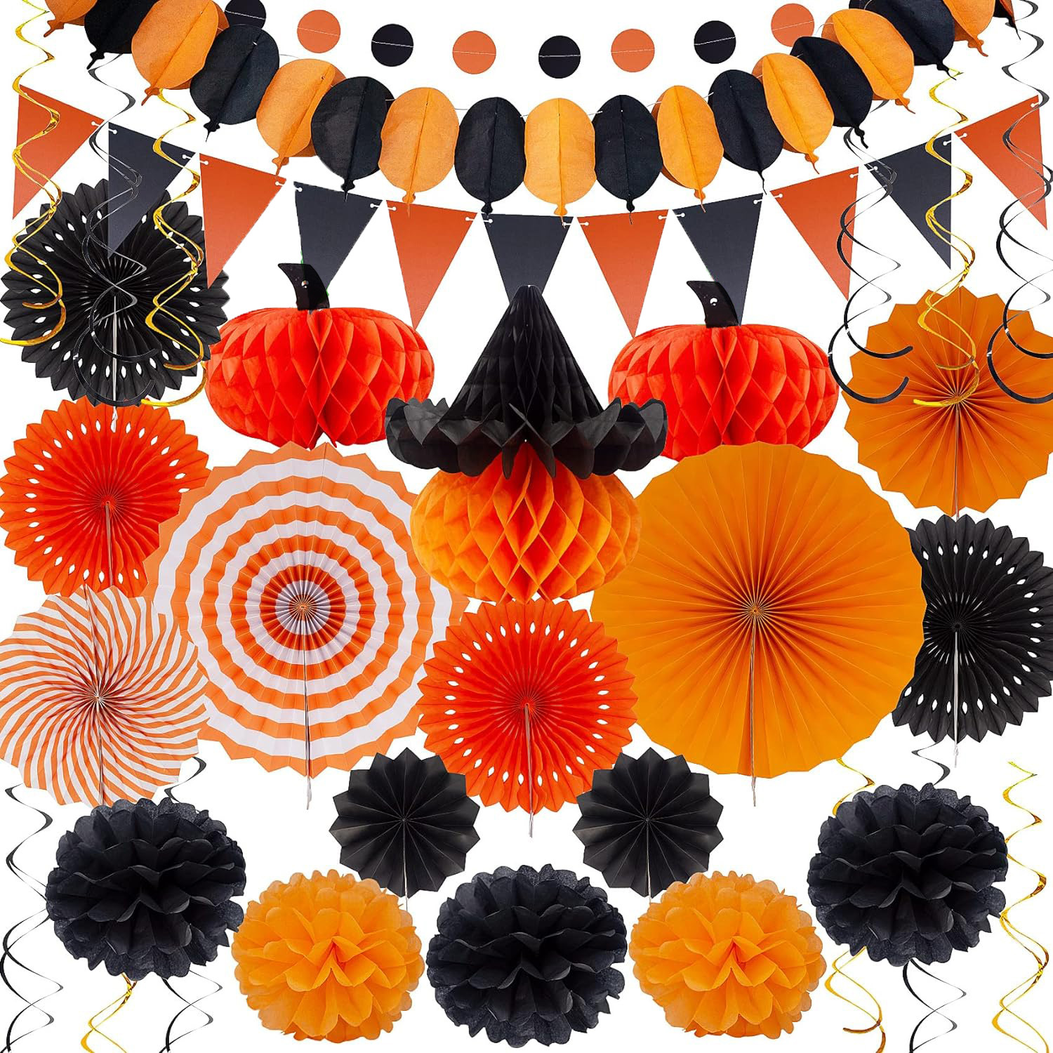Wholesale Halloween Black & Orange Paper Fan Party Decorations | Hanging & Wall Decor for Retail & Events