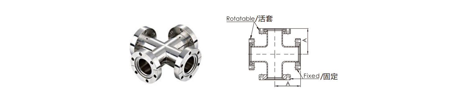 CF 4-Way Cross Stainless Steel Rotatable CF16-CF100 High Vacuum Rotatable/Fixed SS304 SS316L Flange Fitting Thru Holes 3/4"-4" High Quality Cross factory