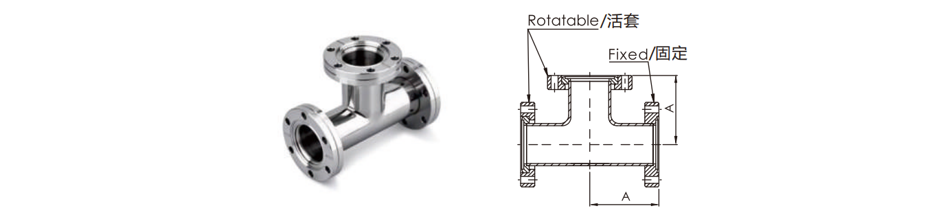 SS304 SS316L Stainless Steel CF Three Way Equal Tee Rotatable CF16-CF100 High Vacuum Thru Holes 3/4"-4" High Quality Rotatable/Fixed Flange Fitting 3-Way Tee factory