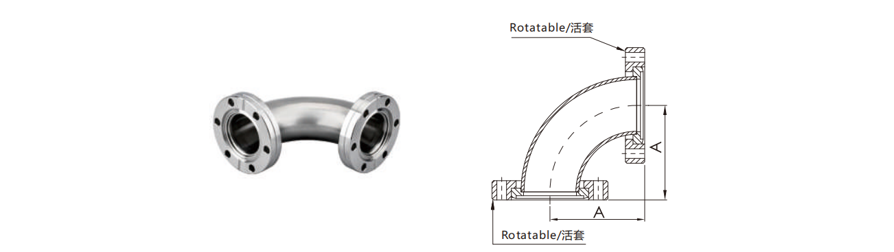 High Vacuum Flange Stainless Steel SS304 SS316L CF 90 Degree Elbow Rotatable Bend CF16-CF100 Flange Thru Holes 3/4"-4" Pipe Fittings details