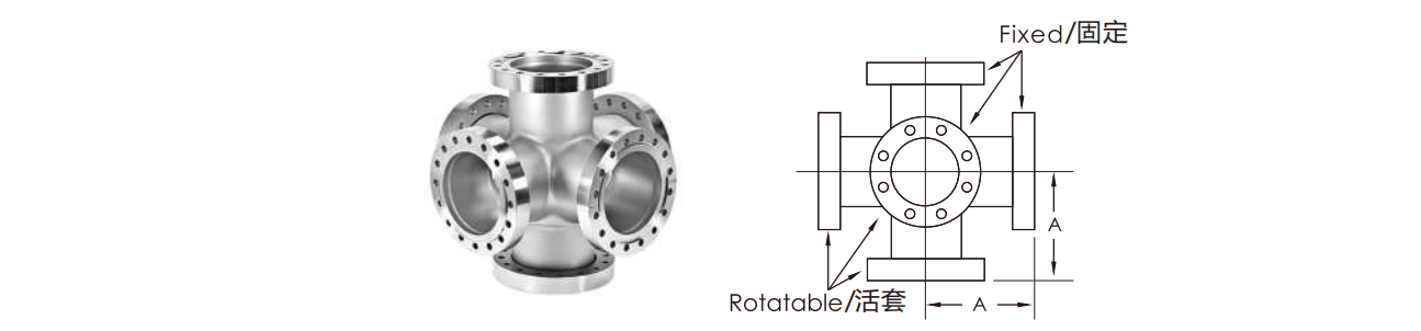 CF 6-Way Cross SS304 SS316L Stainless Steel Thru Holes 3/4"-4" High Quality Cross CF16-CF100 High Vacuum Rotatable/Fixed Flange Fitting details