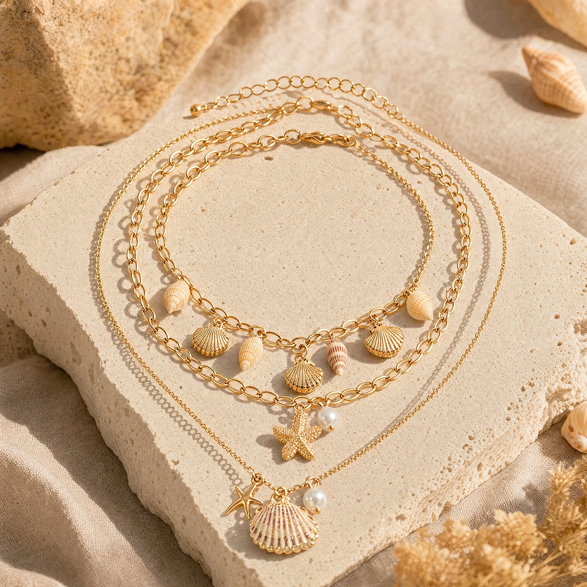 Boho Beach Layered Starfish Shell Conch Faux Pearl Vacation Stackable Necklace