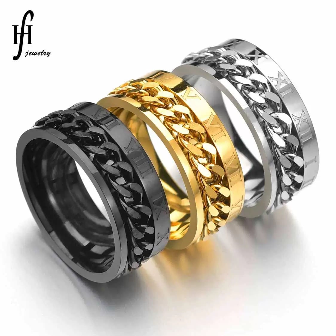 Roterbar kæde i rustfrit stål ring | Romertal cool fidget-ring, unisex par-smykke | Marrinu