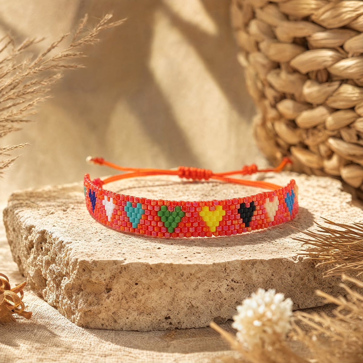 Boho håndvævet farverigt hjerte i Miyuki-perler armbånd justerbart arrangerbart damearmbånd Varenummer O16BMI251