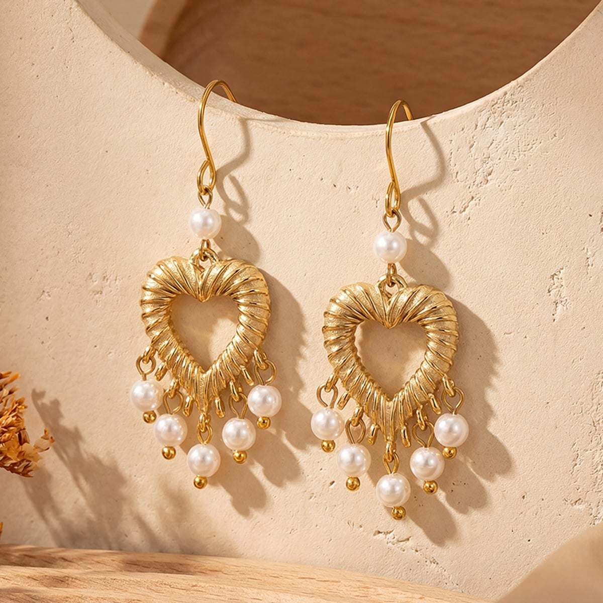 Marrinu 18K Gold Plated Stainless Steel Heart Pearl Tassel Earrings - Lightweight & Elegant Statement Dangle Earrings