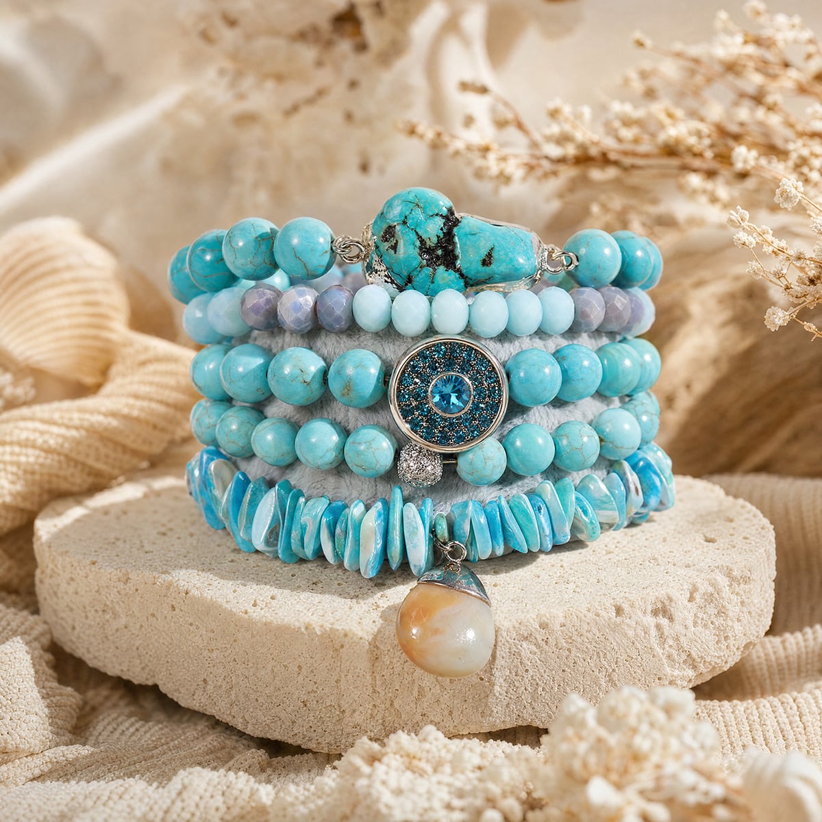 Boho Turquoise & Brown Natural Stone Glass Bead Stretch Bracelet Set 5Pcs Stackable Bracelets SKU O16BMI280