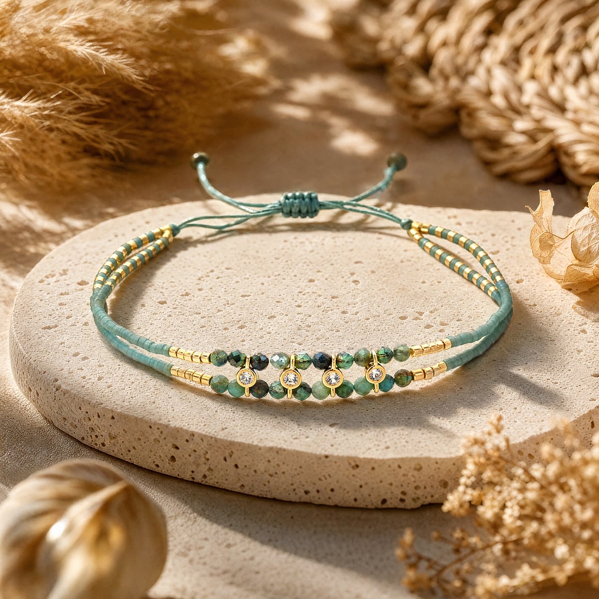 Boho Handwoven Miyuki Bead Bracelet Natural Stone Micro Pave Zircon Stackable Adjustable Bracelet SKU O16BMI253