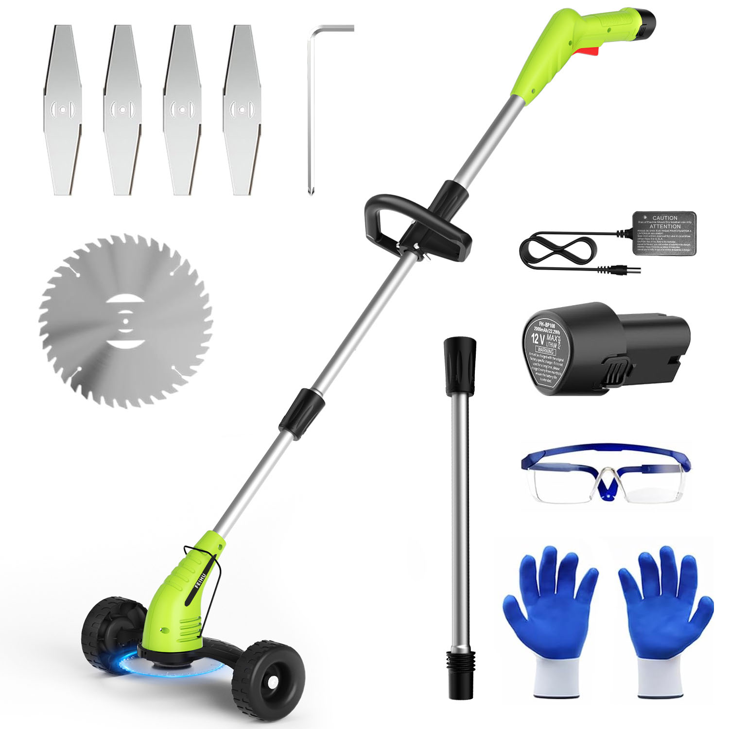 FEIHU 12V Hafif Kablosuz Çim Kesme Makinesi Tekerlekli, Hızlı Şarj Cihazı ve 2*2.0Ah Pil ile | Bahçe, Çim, Çalı için