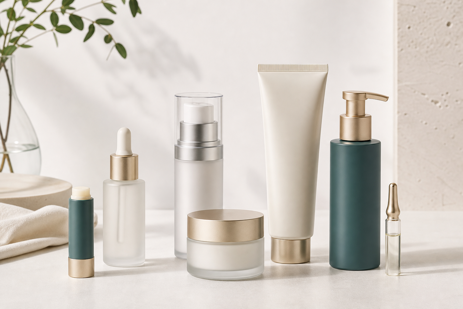 Different private label cosmetic packaging formats including serum bottles, airless pumps, cream jars, tubes and lip care packaging.png