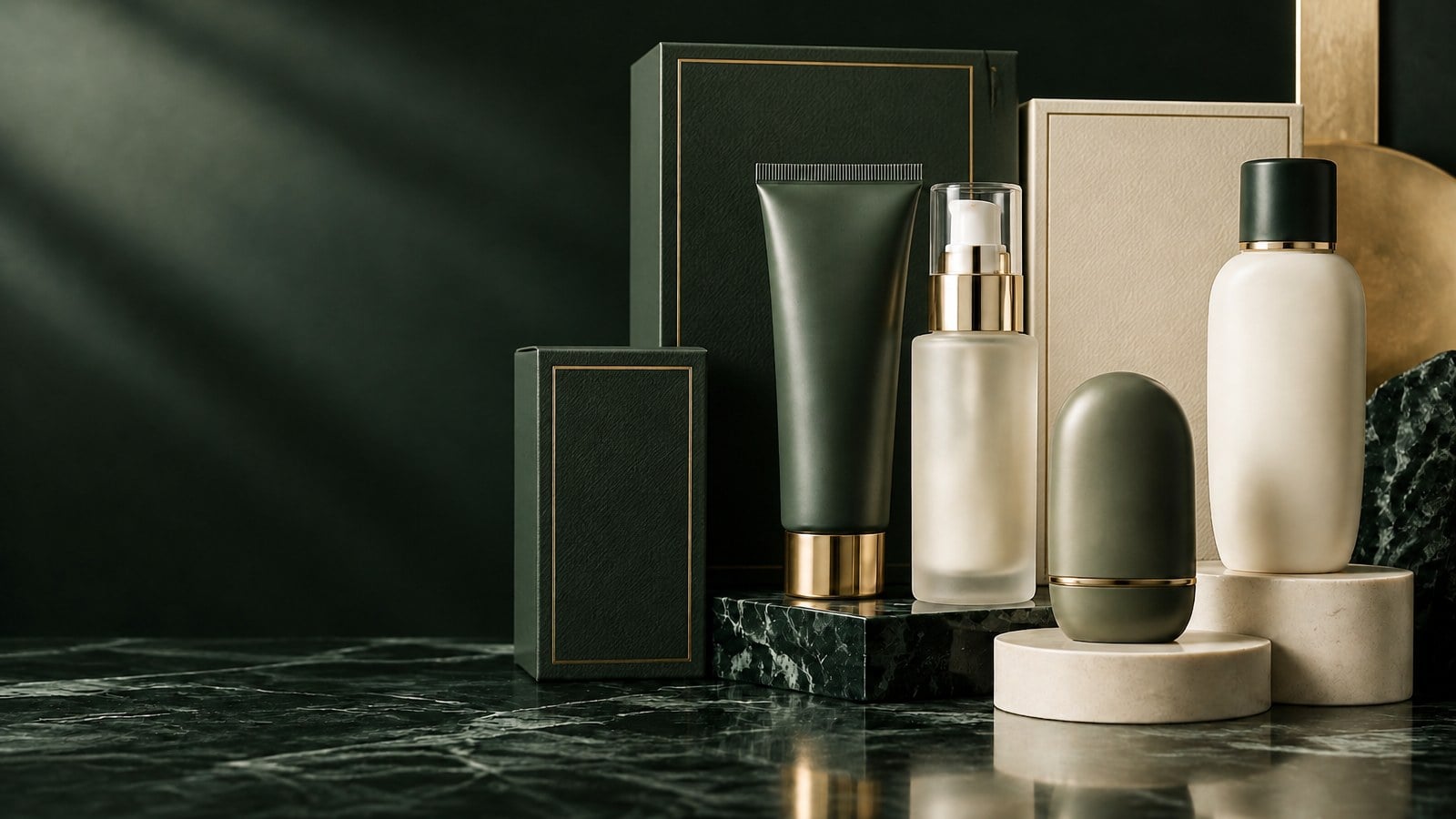 Close-up of premium unbranded sunscreen tube, airless pump bottle and sunscreen stick packaging for private label brands