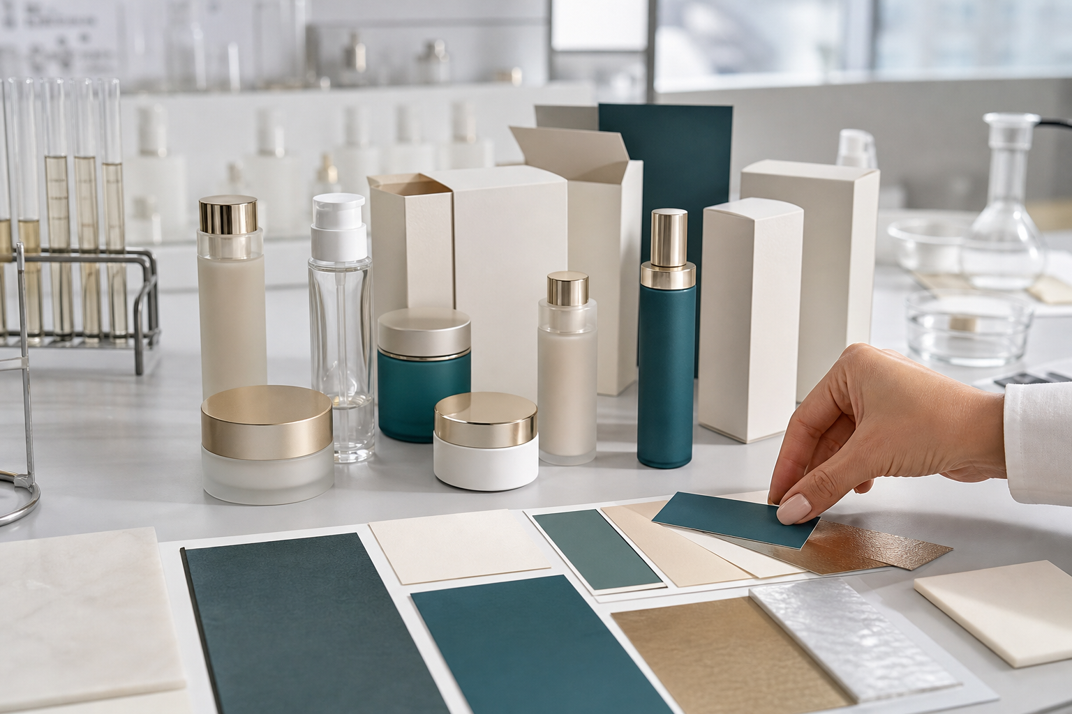 Custom cosmetic packaging development with unbranded bottles, cartons, color samples and premium decoration finishes.png