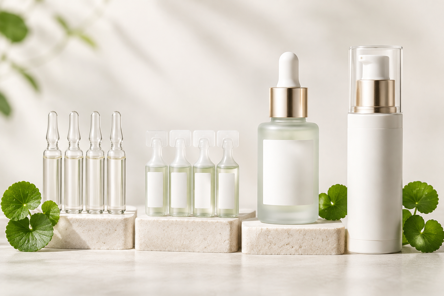 Private label Centella ampoule packaging formats including glass ampoules, single-use vials, dropper bottles and airless pump bottles.png