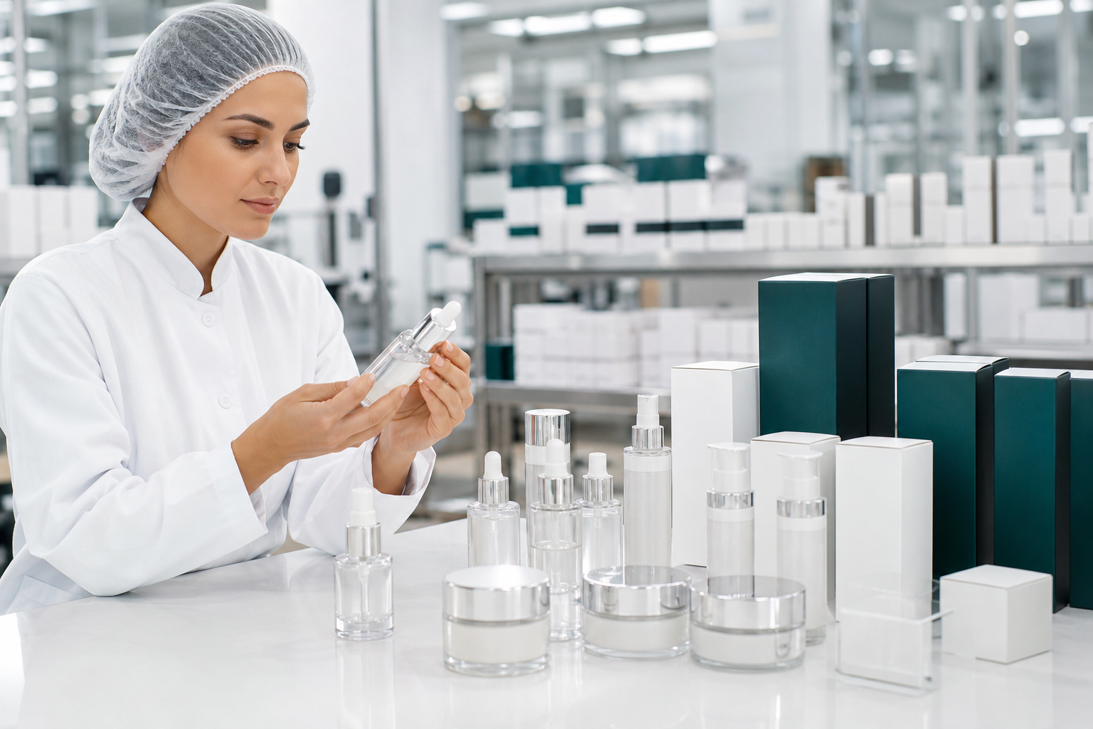 Cosmetic production operator checking unbranded skincare bottles during controlled batch manufacturing.png