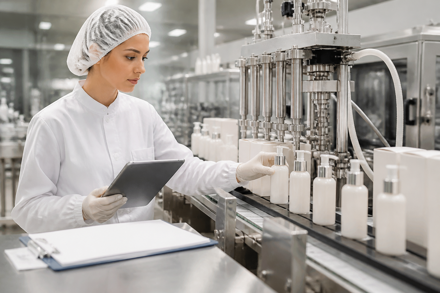 Cosmetic raw materials, packaging components and skincare samples prepared for quality control inspection.png