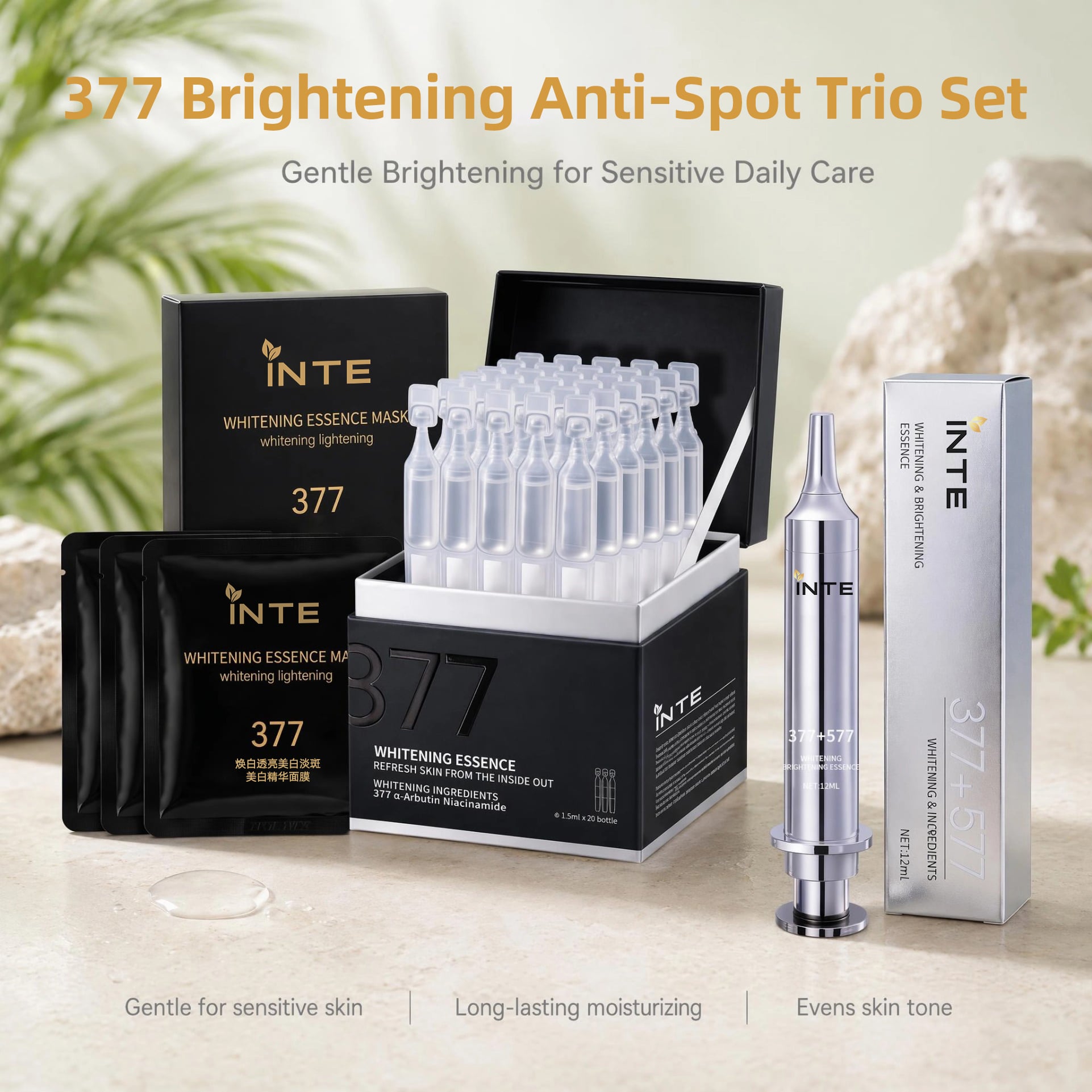 377 Brightening Anti-Spot Trio Set 3 sa 1 Whitening Skin Care Kit na may Single Dose Ampoule Essence, Brightening Mask, at 377+577 Spot Removal Serum para paliitin ang melanin; Private Label, OEM, Wholesale