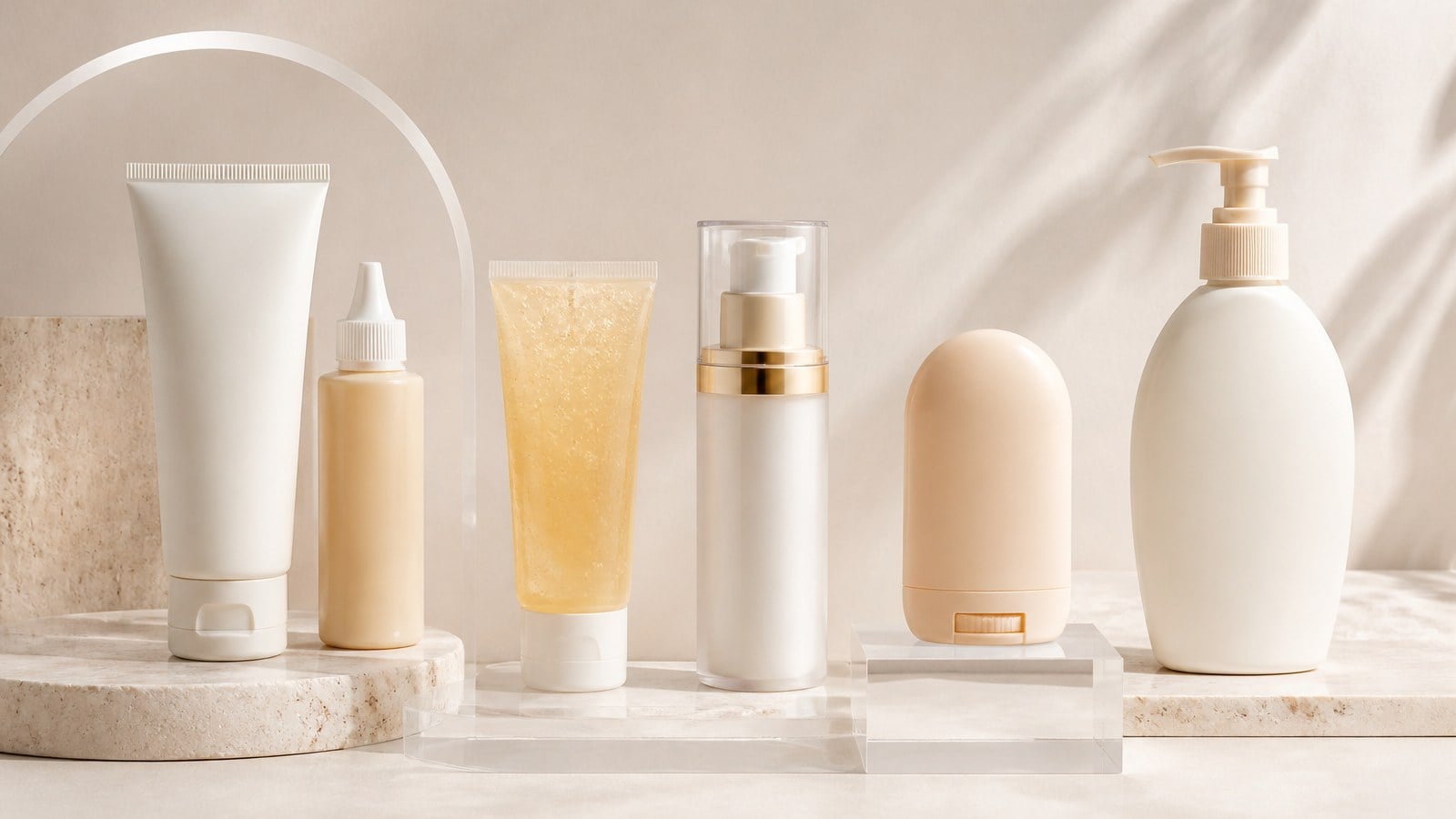 Different private label sunscreen product formats including cream tube, fluid bottle, gel tube, sunscreen stick and body lotion pump