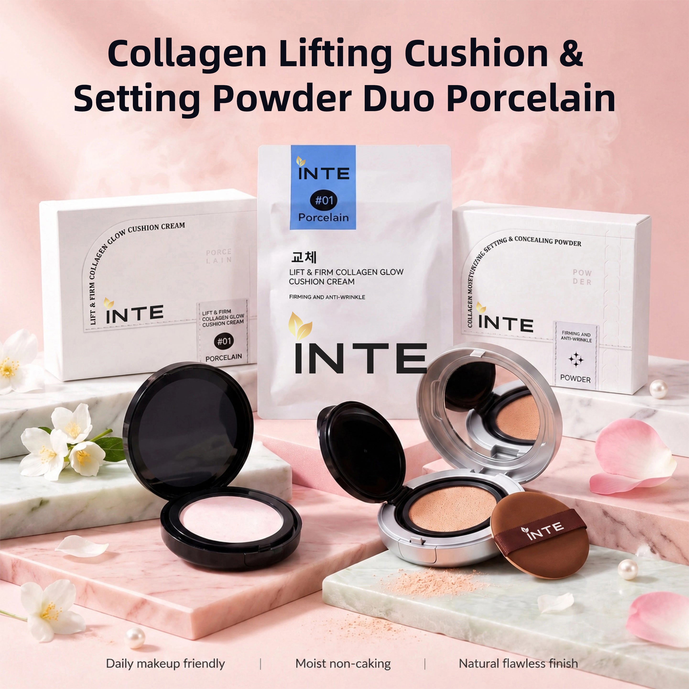 Collagen Lifting Cushion & Setting Powder Duo Porcelain#01 2 sa 1 Makeup Kit na may refill puff; pampakalma, pampatago, at pangmatagalang setting powder; private label, custom logo, OEM, wholesale