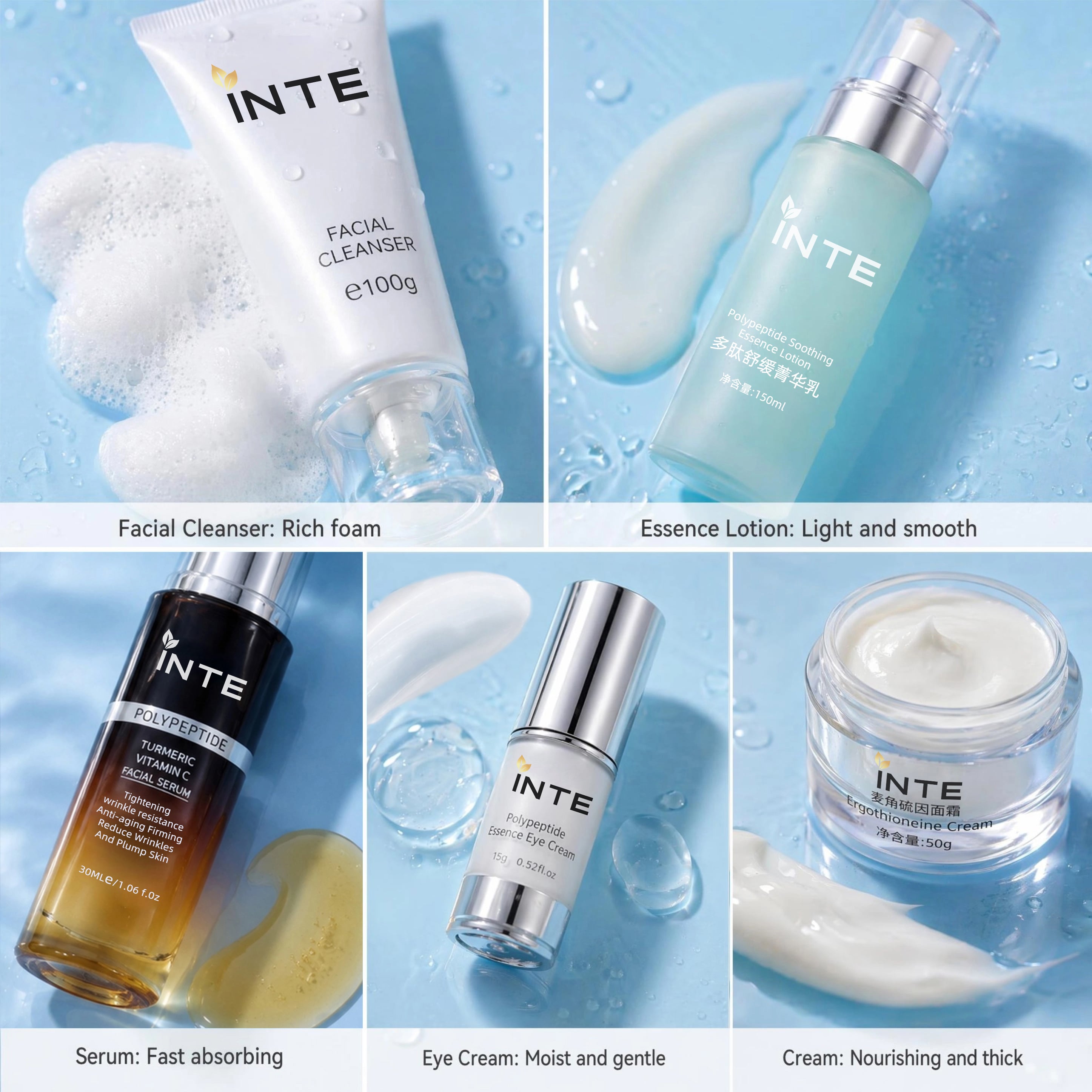 Polypeptide Turmeric & Ergothioneine Anti-Aging Brightening 5-Step Skin Care Kit Facial Cleanser Eye Cream VC Serum Lotion Firming Face Cream Fade Fine Lines Dull Skin Private Label OEM Custom Logo Wholesale