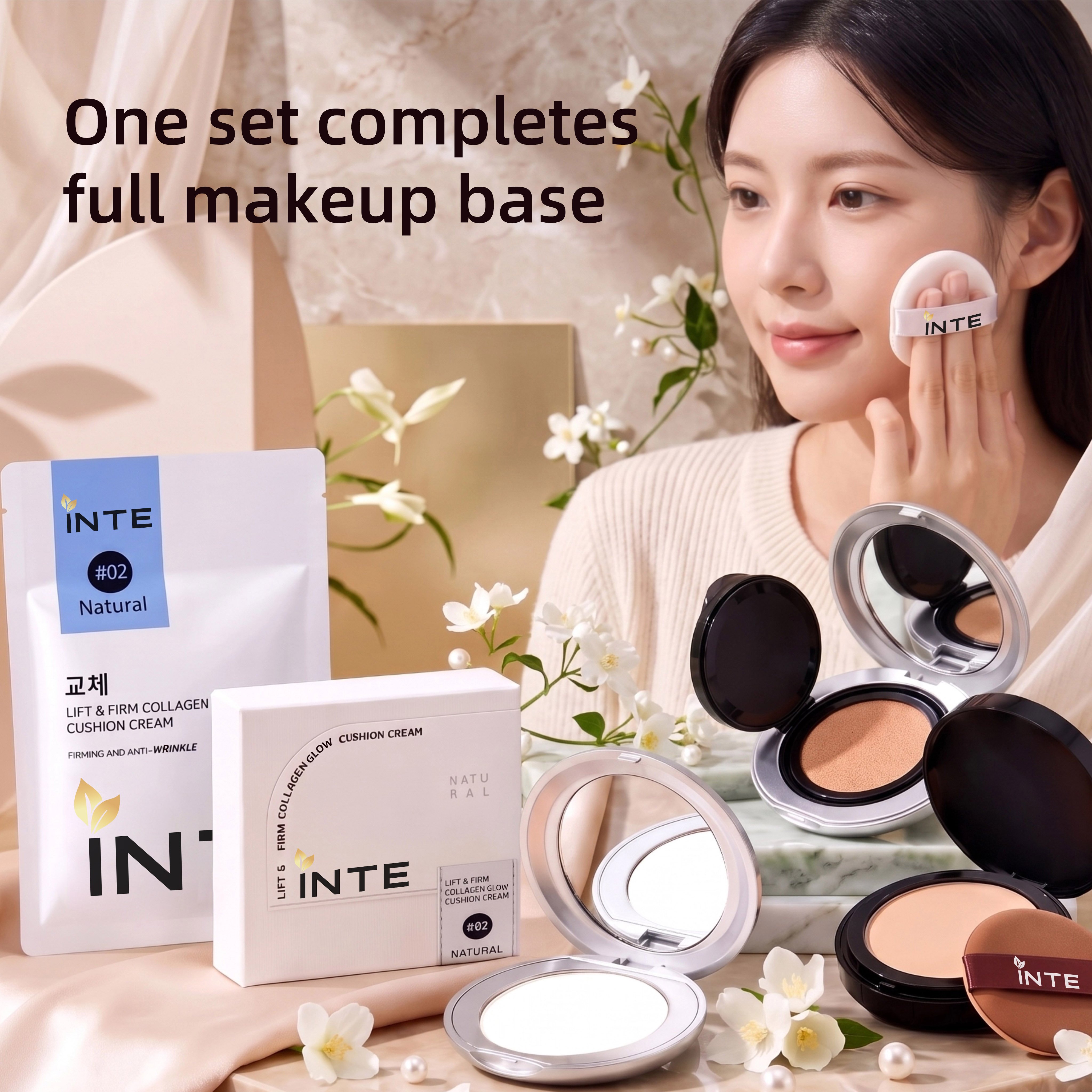 Collagen Lifting Cushion & Setting Powder Duo Natural#02 Full Coverage Makeup Kit With Cushion Refill Firming Hydrating Long Wear Powder OEM Private Label Wholesale