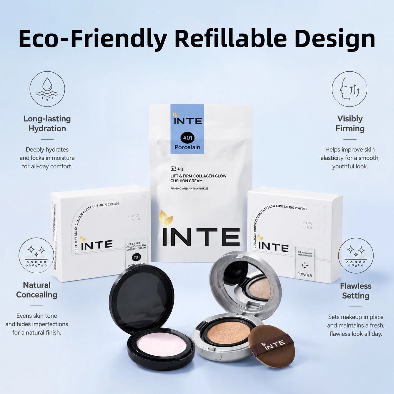 Collagen Lifting Cushion & Setting Powder Duo Porcelain#01 2 In 1 Makeup Kit With Refill Puff Firming Conceal Long Lasting Setting Powder Private Label Custom Logo OEM Wholesale