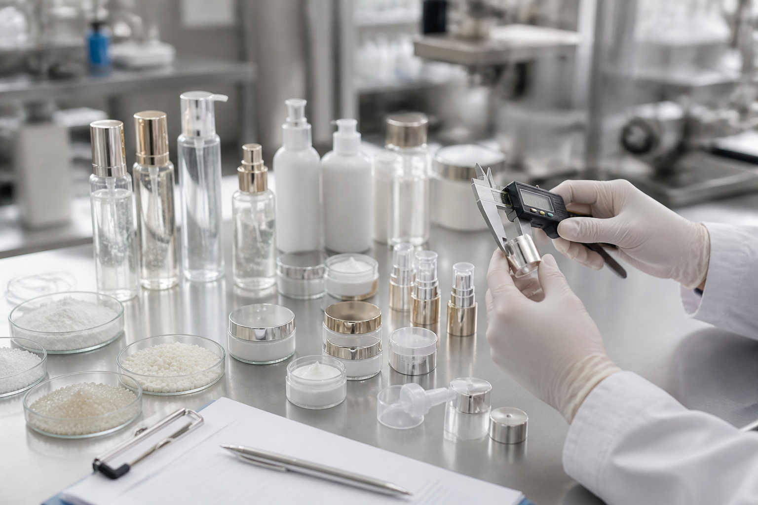 Cosmetics quality assurance team reviewing skincare samples and production documentation.png