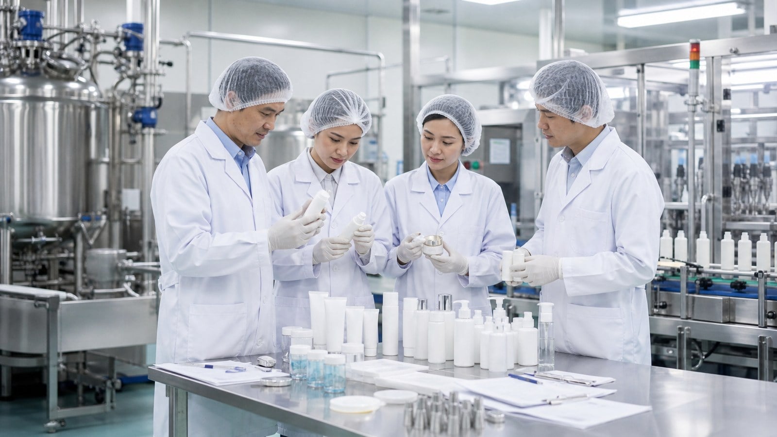 Cosmetics research and production team reviewing sunscreen samples and packaging in a clean manufacturing facility