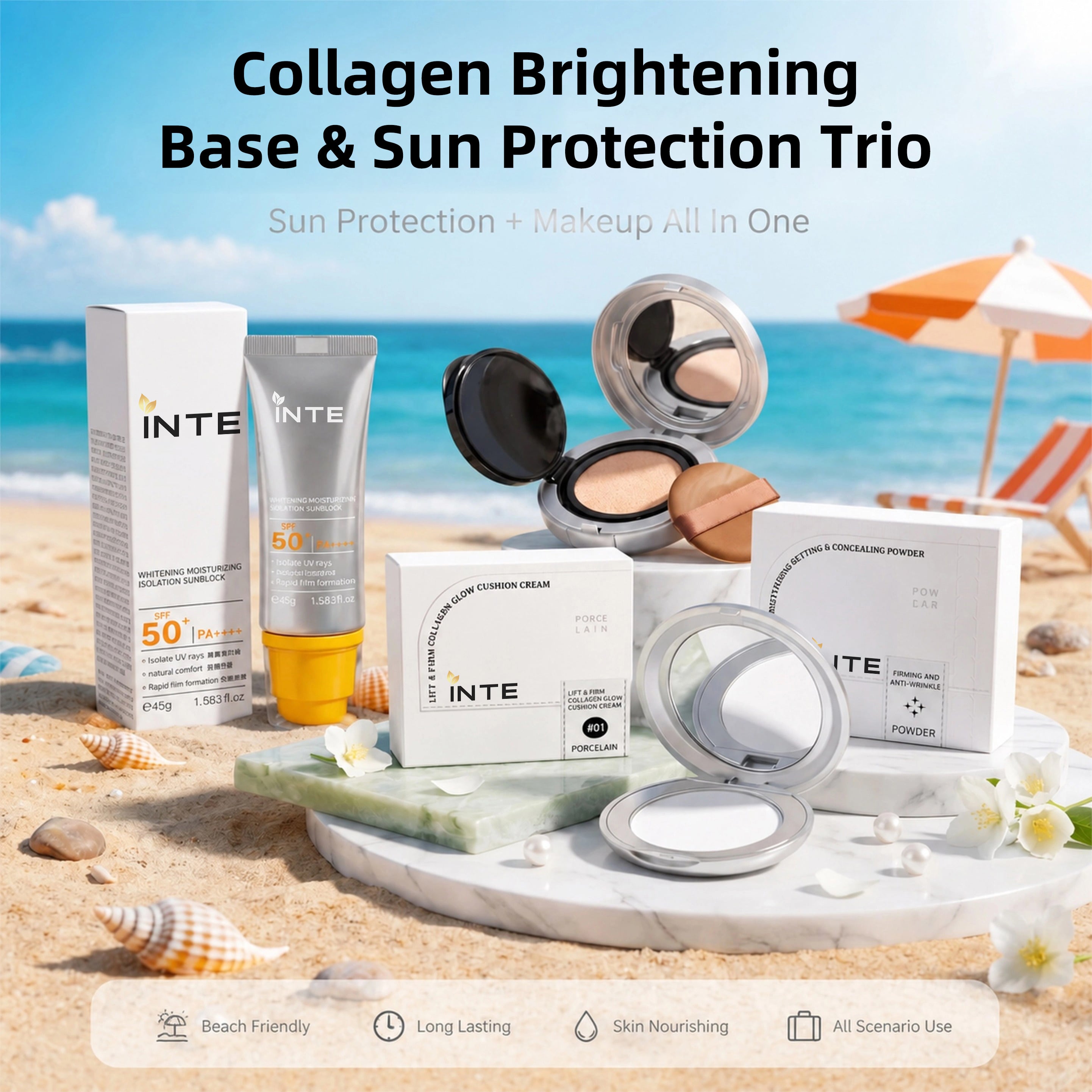 Collagen Brightening Base & Sun Protection Trio 3 sa 1 Makeup at Skincare Set: Collagen Glow Cushion Concealing Powder SPF50+, whitening sunscreen, pampakalma at anti-aging; private label, OEM, custom logo, wholesale