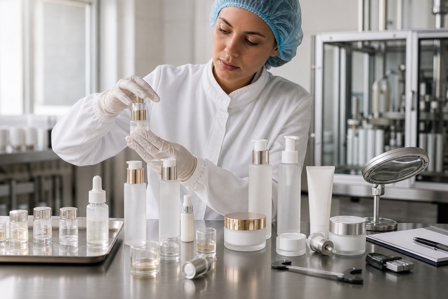 Cosmetic formula and packaging compatibility assessment with skincare samples, pumps, bottles and quality inspection tools.png
