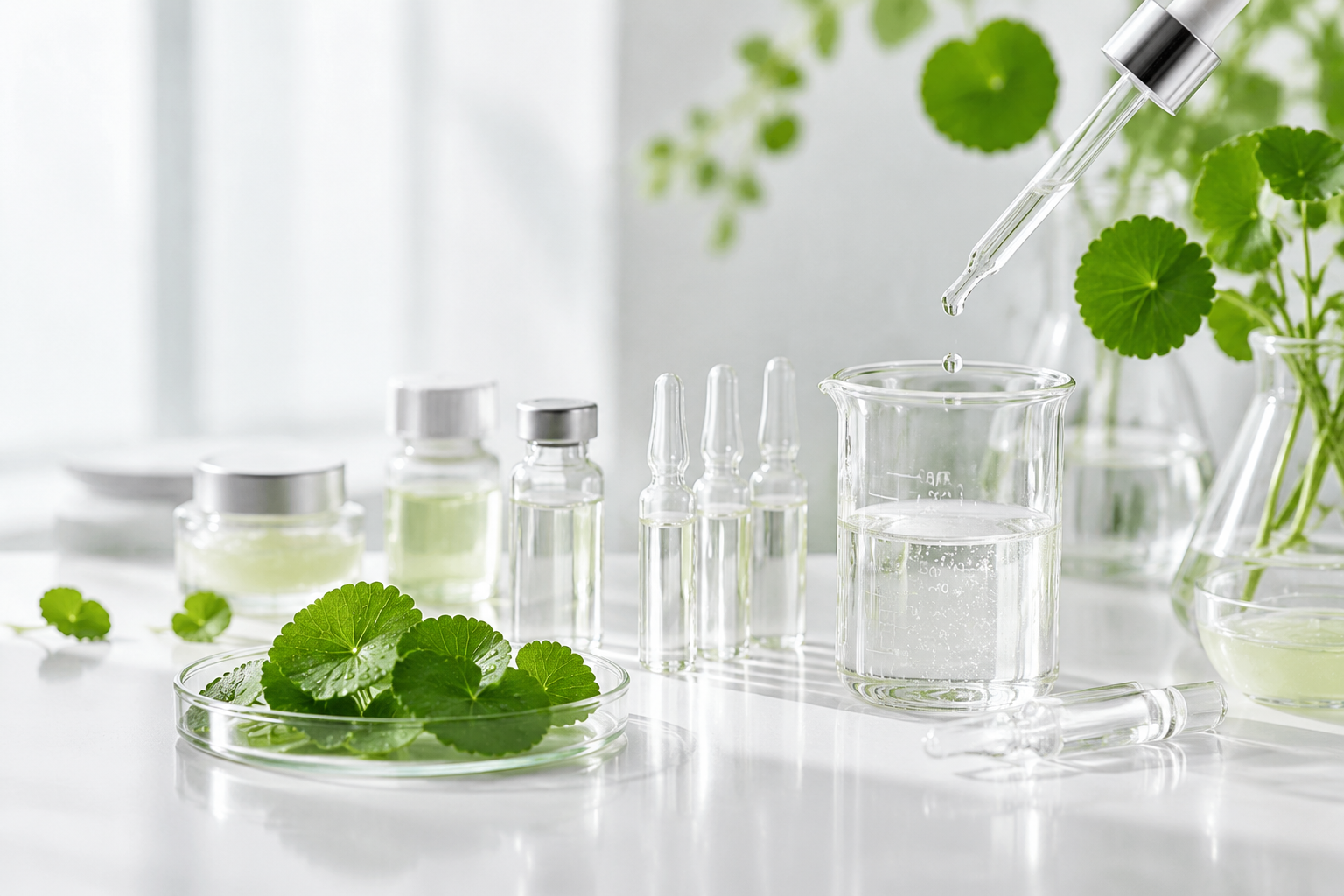 Centella Asiatica leaves, skincare serum samples and cosmetic formula development materials for a private label ampoule.png