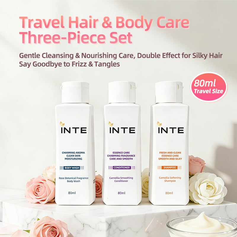 OEM/ODM Travel Hair & Body Care Three-Piece Set: Shower Gel + Shampoo + Conditioner, ang iyong all-in-one travel hair & body care kit. Gentle Cleansing & Nourishing Care, Double Effect for Silky Hair