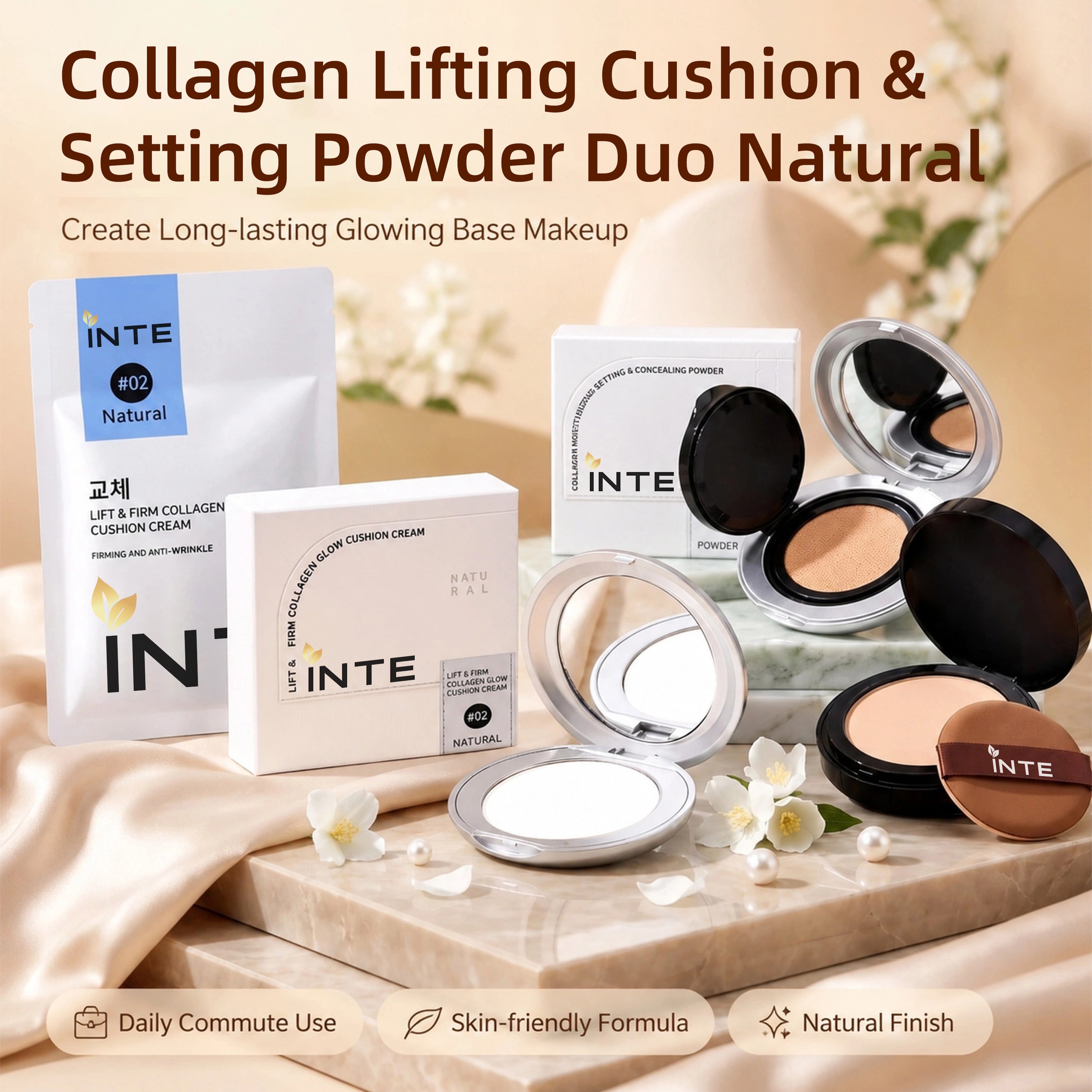 Collagen Lifting Cushion & Setting Powder Duo Natural #02 Full Coverage Makeup Kit With Cushion Refill Firming Hydrating Long Wear Powder OEM Private Label Wholesale