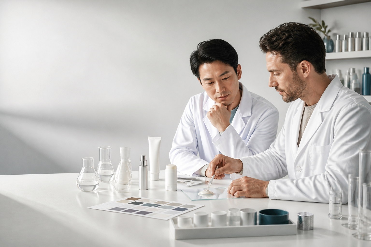 Cosmetics development team evaluating unbranded men’s face sunscreen samples and packaging.png