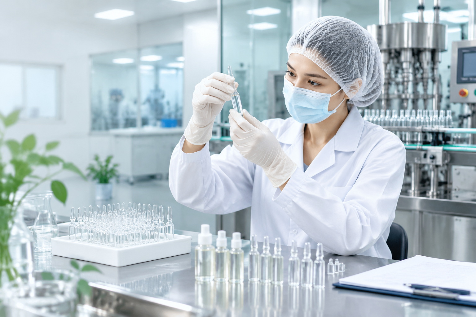 Cosmetics quality control team reviewing unbranded Centella ampoule serum samples before bulk production.png
