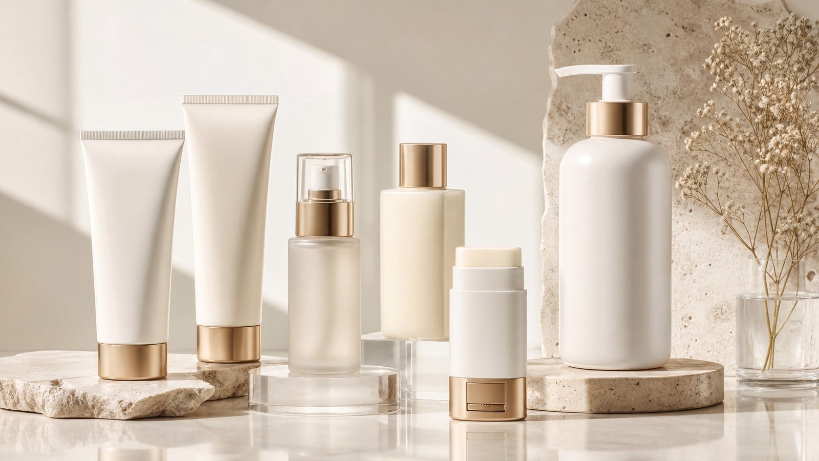 Premium private label sunscreen product collection with tubes, bottles and sunscreen stick packaging